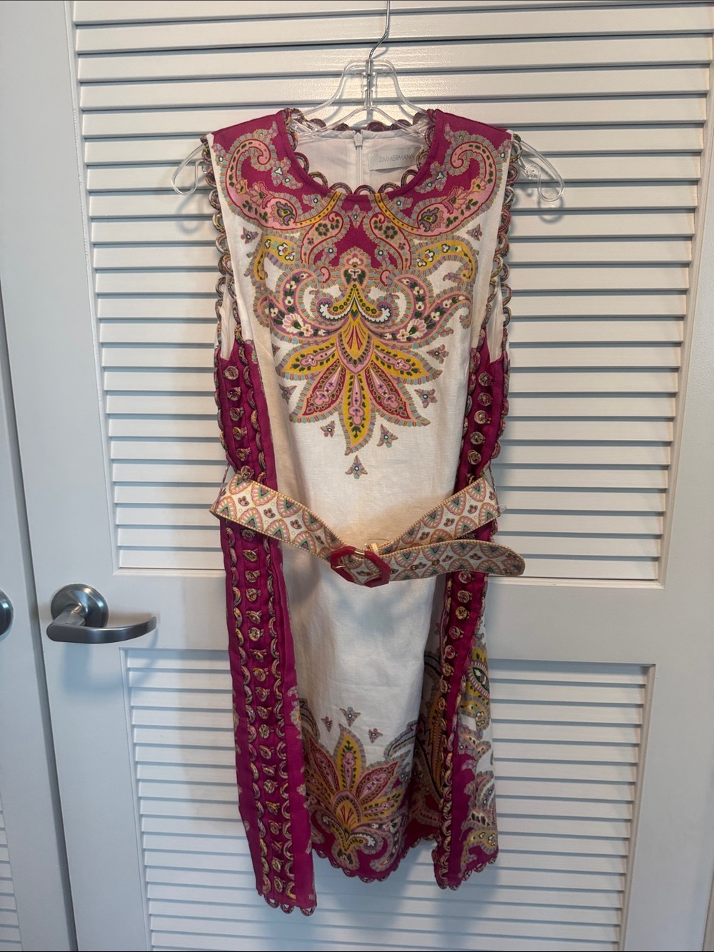 Zimmermann Cream Mini Dress with Magenta and Gold Paisley Embroidery
